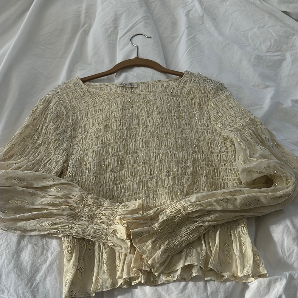 Smocked Peasant Blouse with Embroidered Sheer Sleeves
